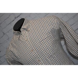 Viyella Button Down Shirt Mens Large Tan Blue Plaid Cotton Wool Blend Made USA